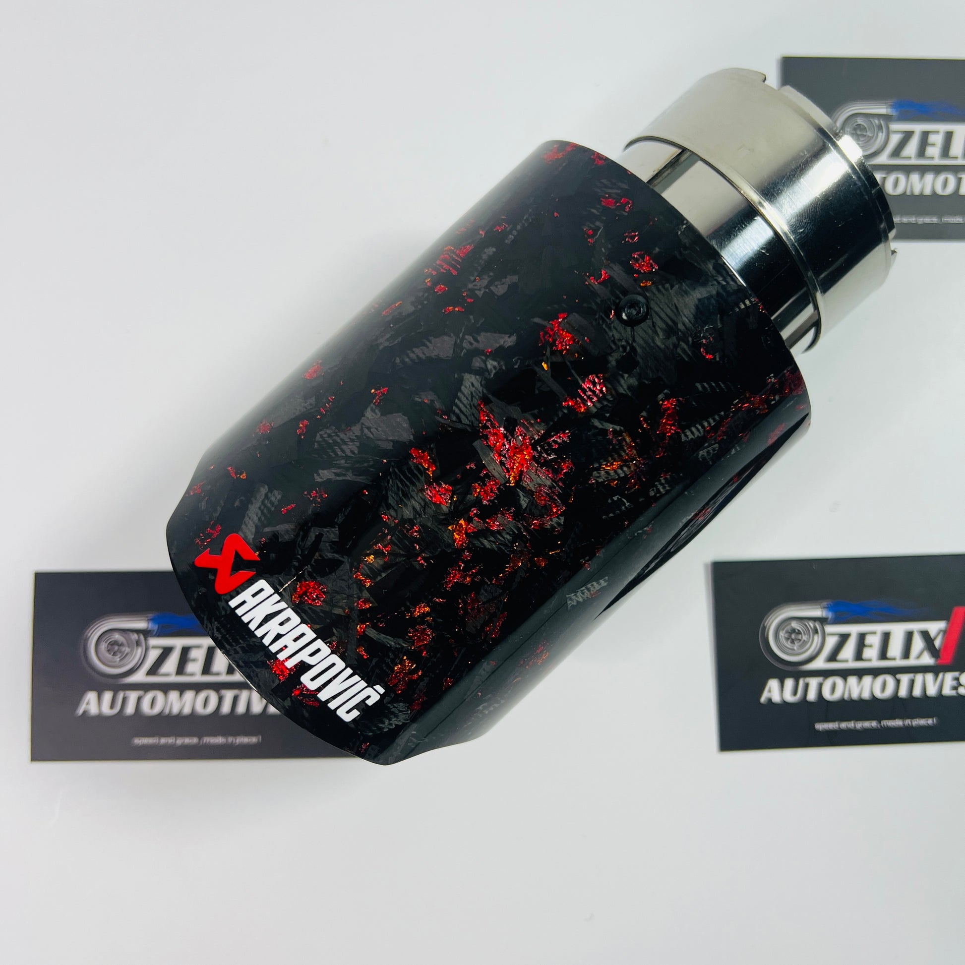 Akrapovic style red forged carbon single exhaust tip