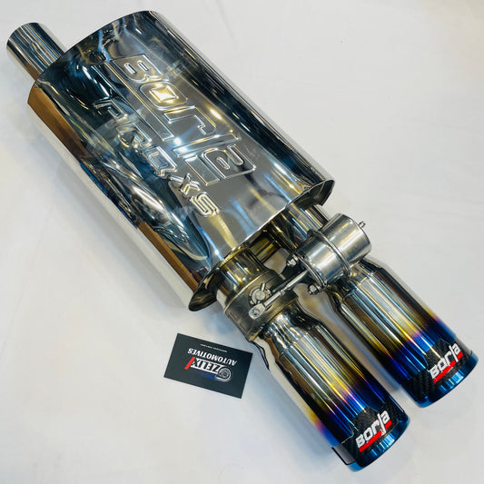 Front view of Borla Valvetronic dual-tip exhaust with burnt finish