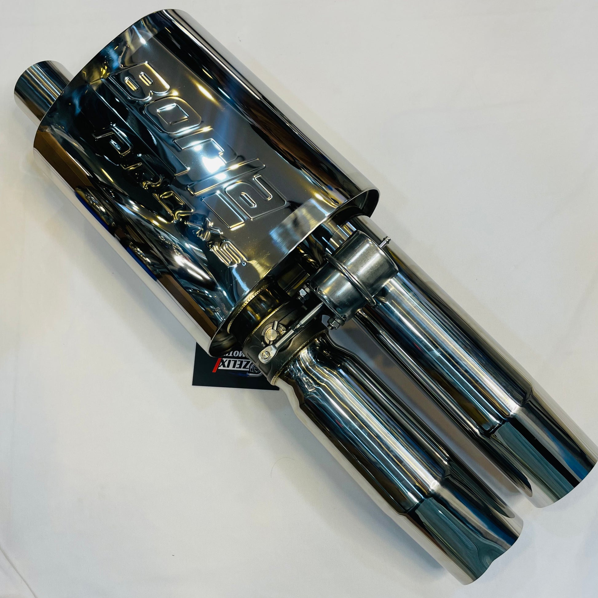 Front angled view of Borla Spit Fire Valvetronic dual-tip muffler