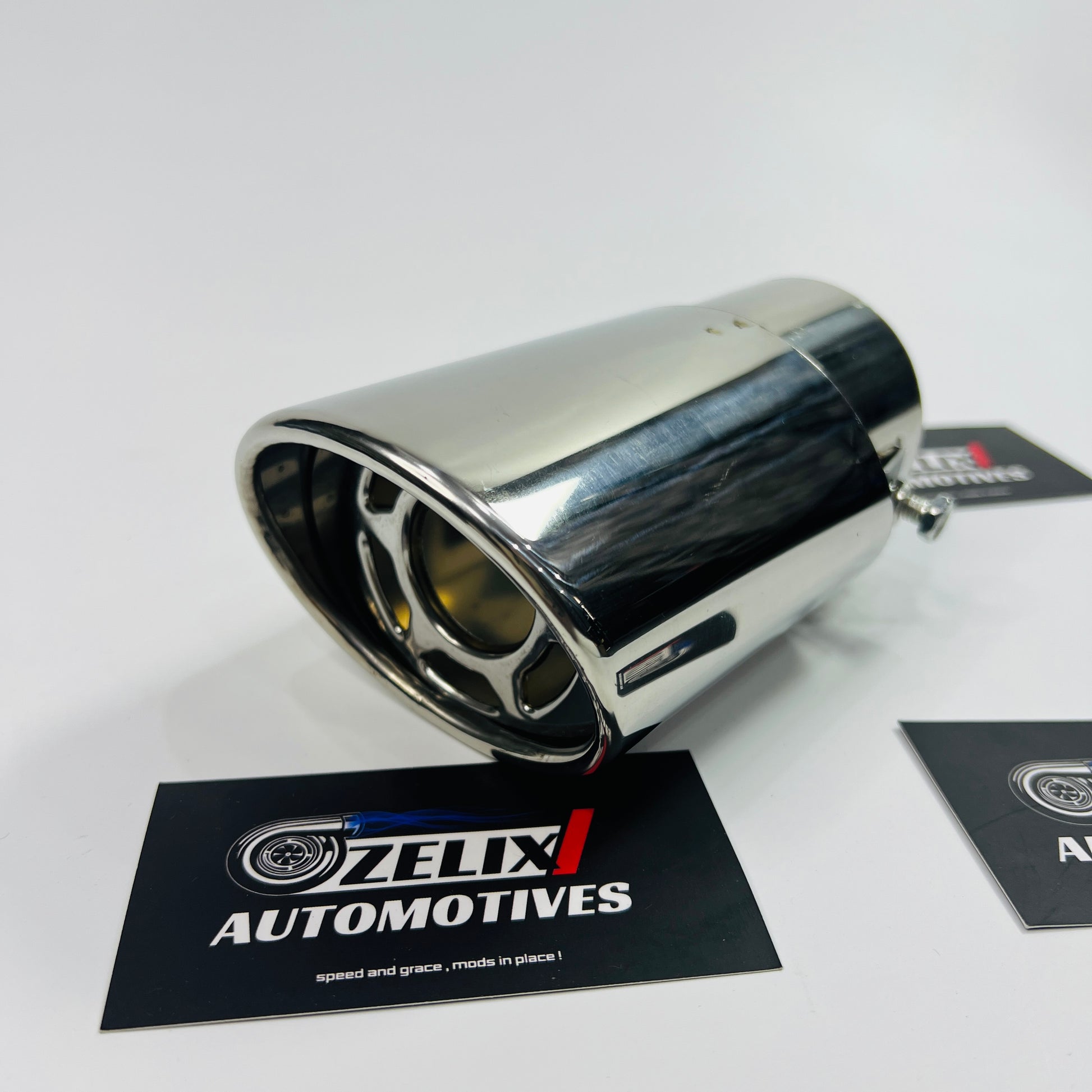 Close-up of chrome HKS single exhaust tip