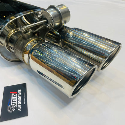 Bevel edge detail on Remus Valvetronic dual-tip exhaust