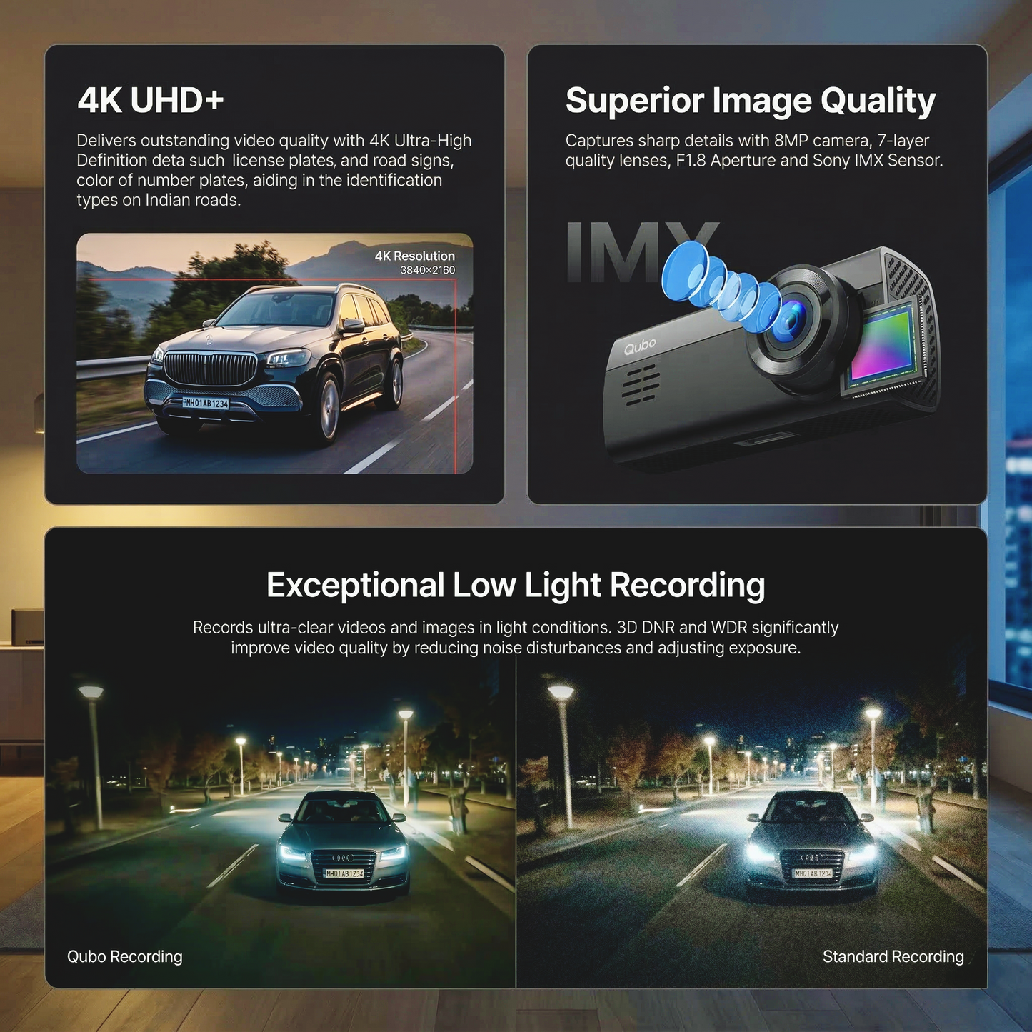 Qubo Dashcam Pro 4K with Rear Camera N-Series | Sony IMX415 Sensor for Superior Clarity