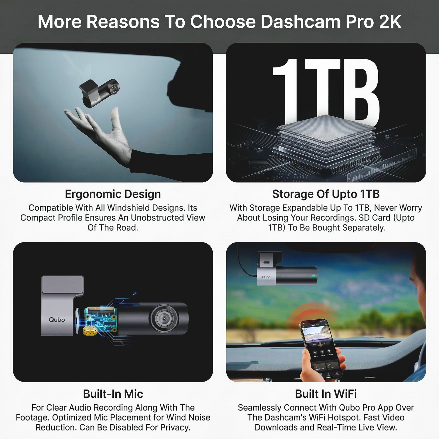 Qubo Smart Dashcam Pro-Series | Premium 2K Quad-HD Car Dash Camera