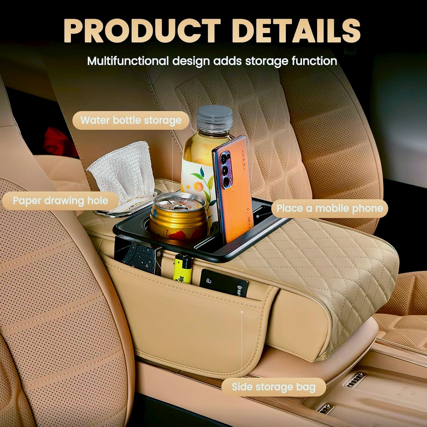 Armrest Organizer Leather Finish | Multi-Function Storage Box