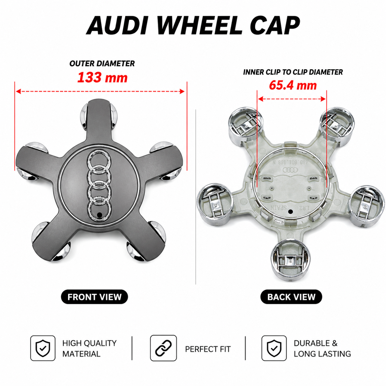 Star Shape Wheel Center Caps Compatible With AUDI | Aftermarket Set of 4 With Three Color Options