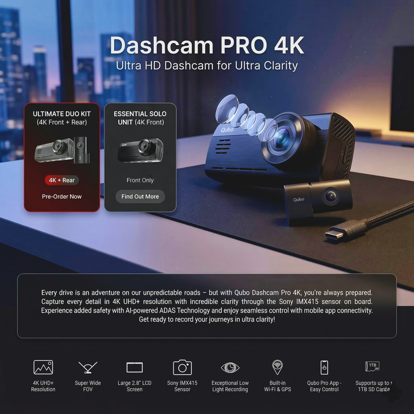 Qubo Dashcam Pro 4K with Rear Camera N-Series | Sony IMX415 Sensor for Superior Clarity