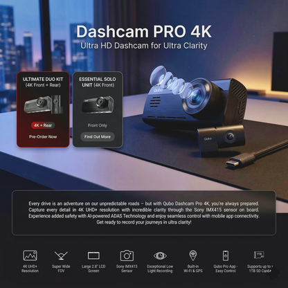 Qubo Dashcam Pro 4K with Rear Camera N-Series | Sony IMX415 Sensor for Superior Clarity