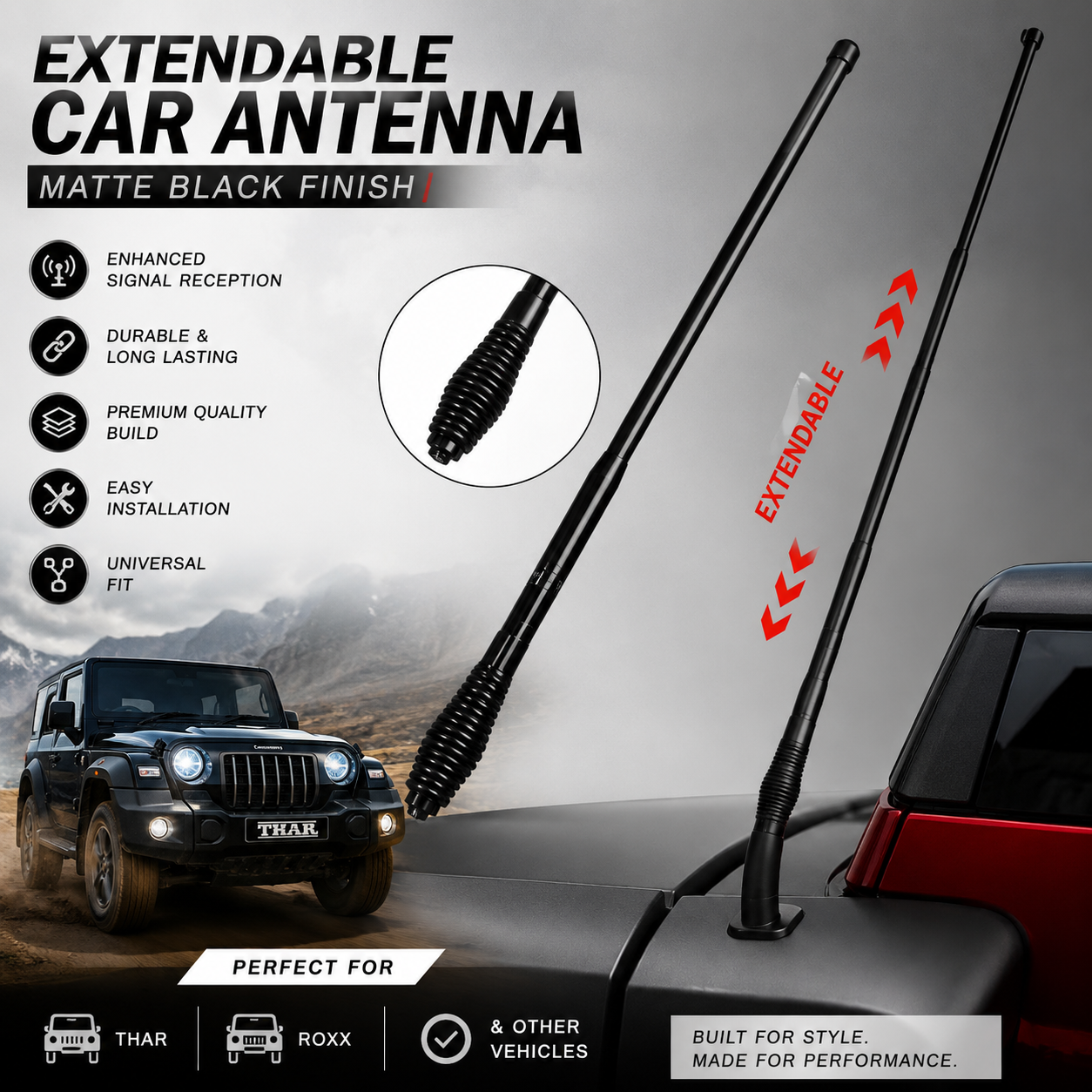 Extendable Car Antenna Matte Black Finish
