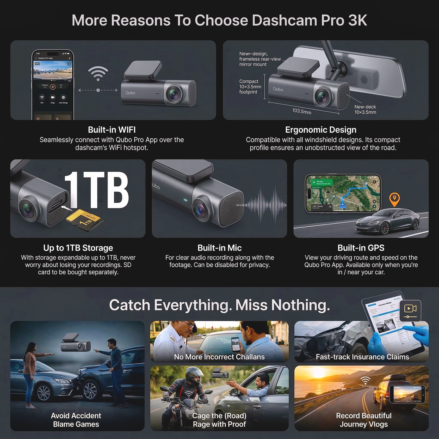 Qubo Dash cam Pro 3K with Rear Camera N-Series | Sony IMX675 Sensor for Superior Night Vision