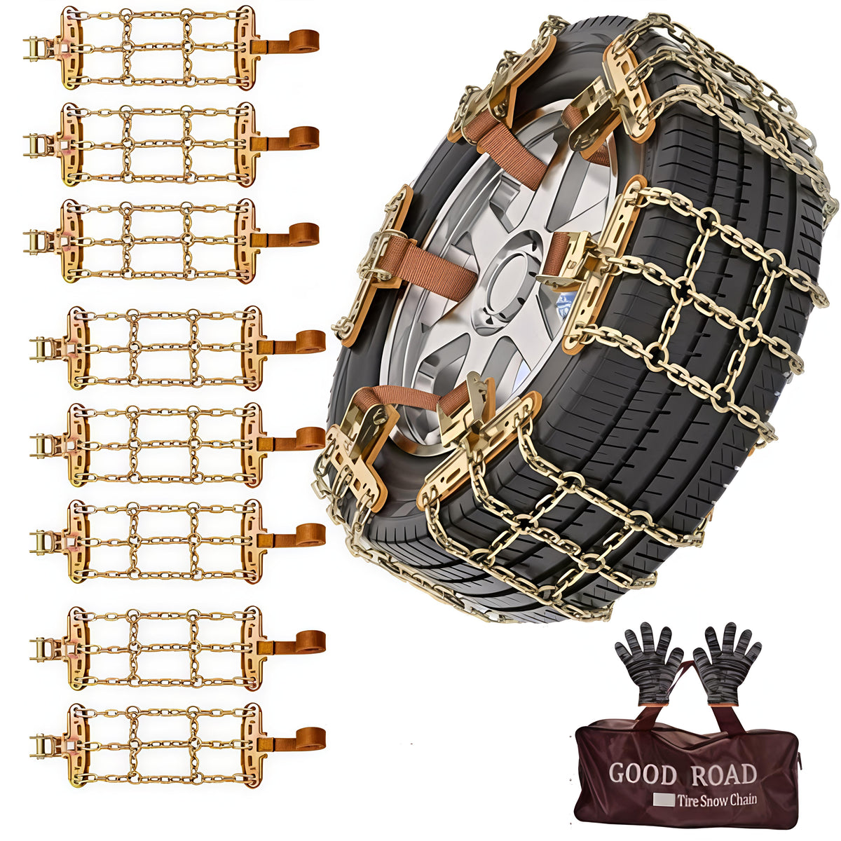 Tire Chains Set of-8 Anti-Skid Snow and Mud Grip | Heavy-Duty Universal Fit