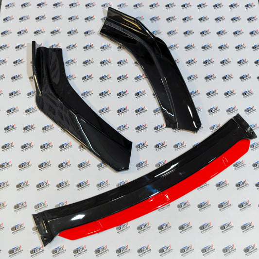 Universal  Front Splitter Kit with Red Lip Set of-4  | Aerodynamic Design in Glossy Black