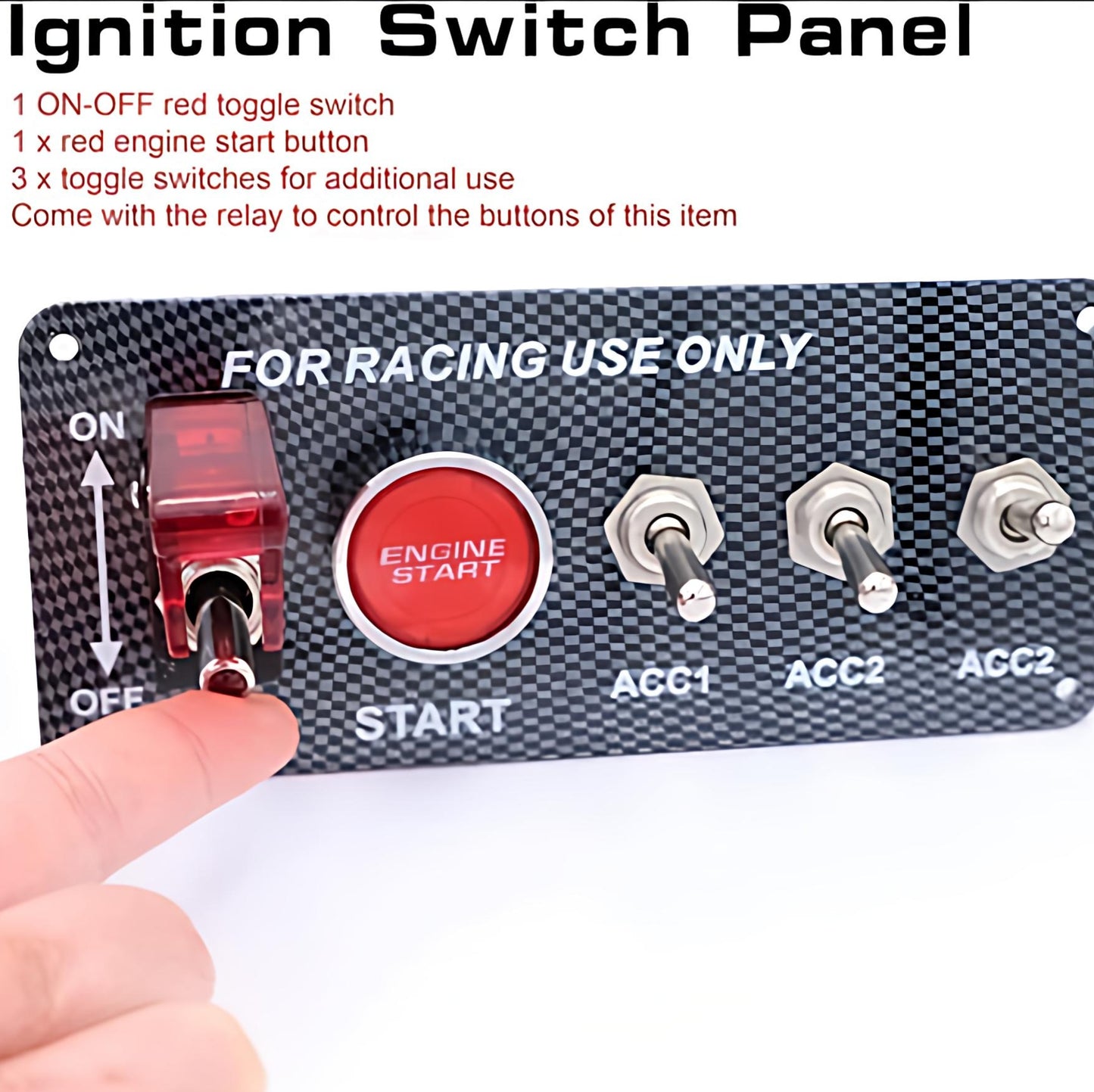 12V 5-in-1 Carbon Fiber Racing Switch Panel Kit | Red Illuminated Car Start Button