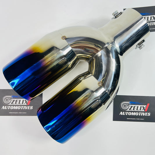 Universal HKS dual exhaust tip with burnt blue finish